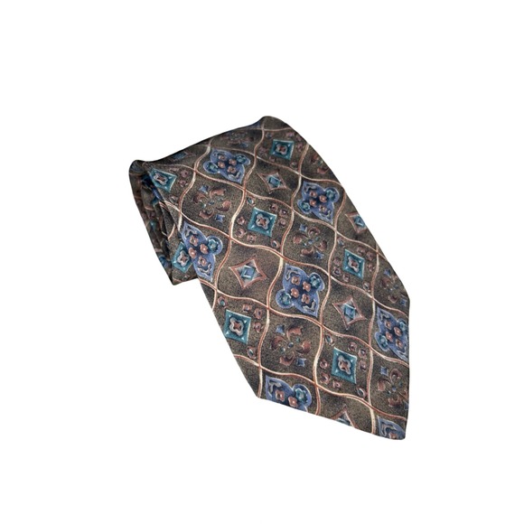 bill blass Other - Bill Blass Mens Silk Tie Brown Blue Geometric Medallion Lattice Pattern Classic